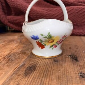 Royal Danube Floral Porcelain Mini Basket Gold Trim White Multi-Color 4.5"